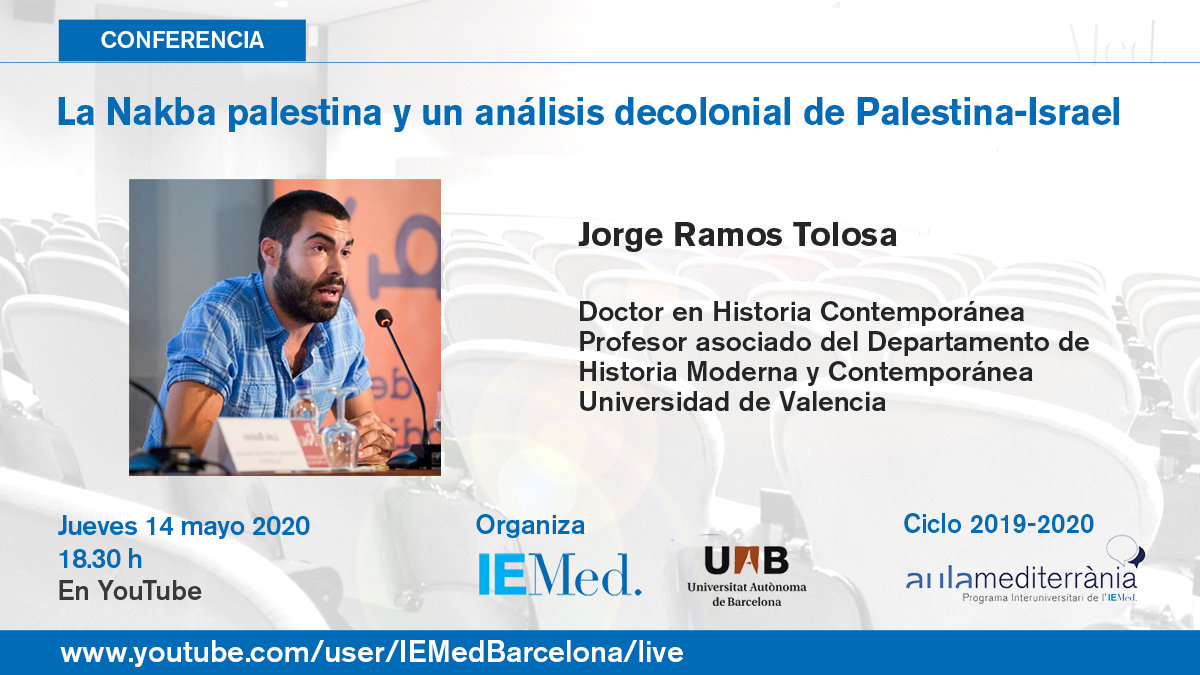 ¿Cómo podemos entender el conflicto #Palestina - #Israel? ¿Qué claves nos ofrecen los planteamientos decoloniales? 

<a href="/JorgeRTolosa/">Jorge @jorgertolosa.bsky.social</a> (<a href="/UV_EG/">Universitat València</a>) hablará de ello como una cuestión de colonialismo de asentamiento en una conferencia #Aulamed

📍14/05 (18.30h)
📎youtube.com/user/IEMedBarc…