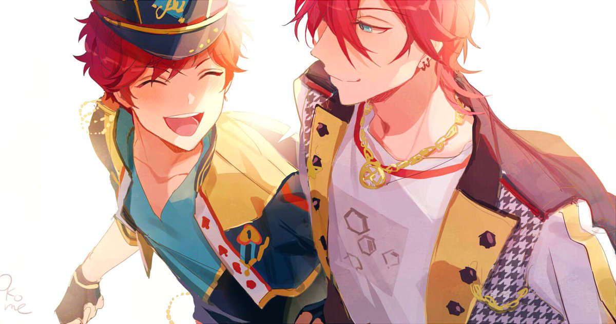 multiple boys 2boys male focus red hair smile jewelry closed eyes  illustration images