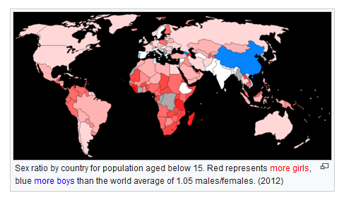 我实在觉得太直观太吓人还去查了下，想补一张图：以世界平均1.05的男女比例（男：女=105:100）为准，十五岁以下人口的比例，蓝色代表男孩更多，红色代表女孩更多。 

太吓人了。

中国女孩在这样的环境里，会更艰难。