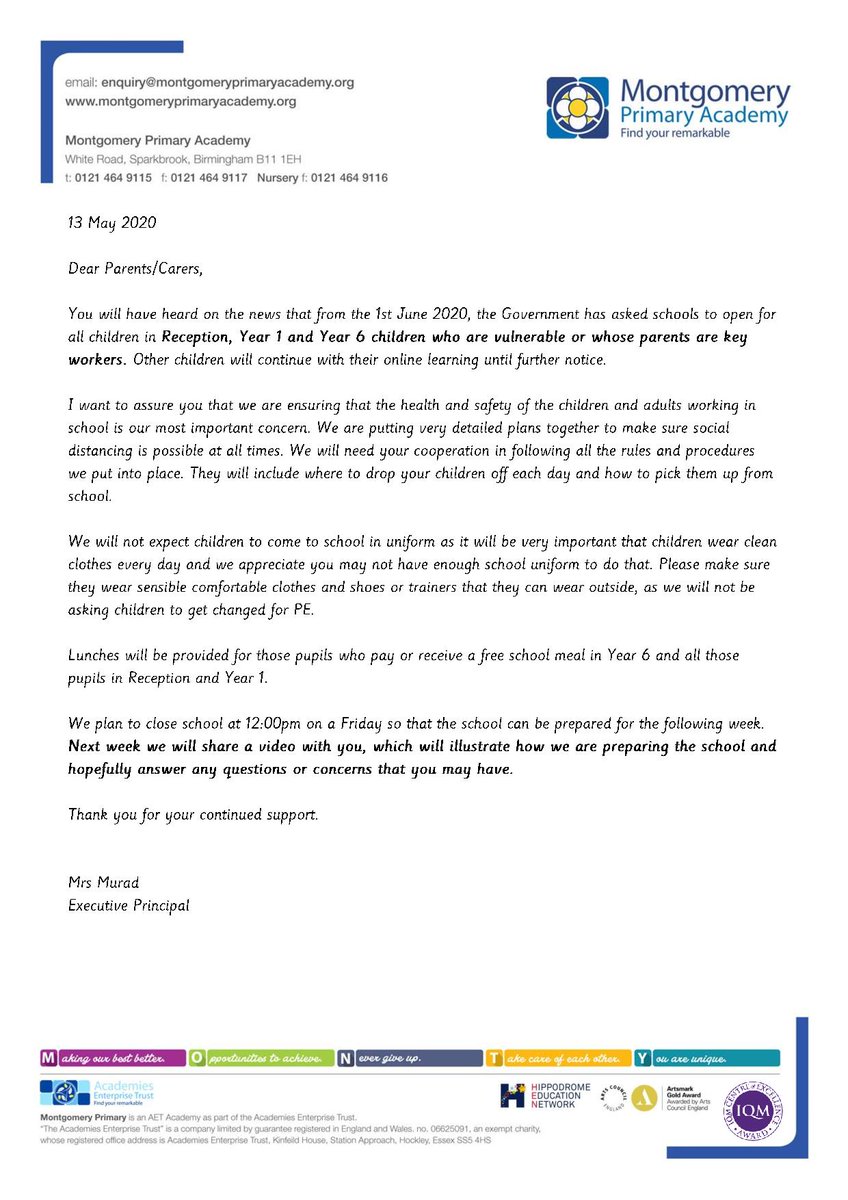 Back to school letter - 1st June 2020