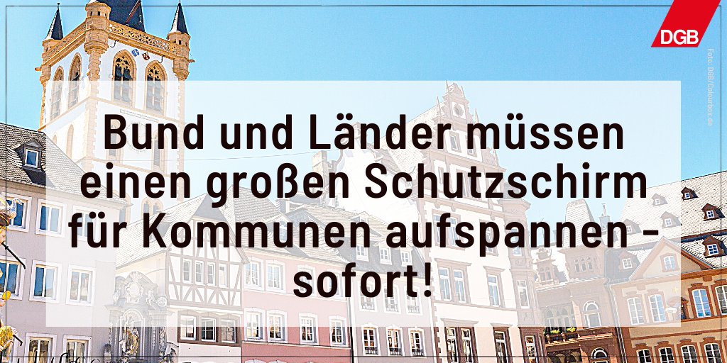 Innenstadt mit Kirchturm von Trier und darauf ein Zitat zur kommunalen Finanzpolitik
