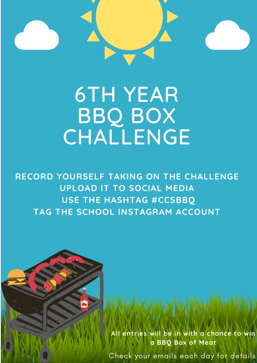 Cabinteely_Cs's tweet photo. 6th Year BBQ Box challenge , check your emails for details of the daily challenges. Record/photograph yourself completing the challenge and tag the school account in your post. #BBQ #Wellbeing #CCSChallenge #CCSBBQ #6thyear https://t.co/djQ2JUoxkt