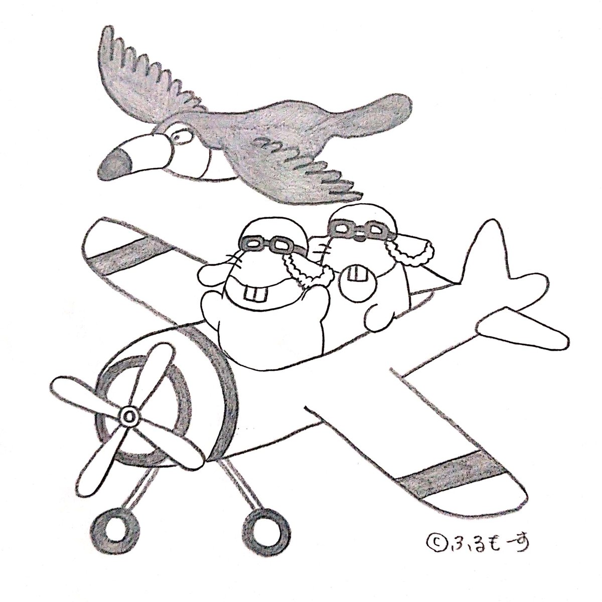 ふるもーす 空想イラスト作家 飛行機で空中遊泳を楽しむビーバー兄弟 ふるもーす 飛行機イラスト ゆるキャラ イラスト好きな人とつながりたい オリジナルキャラクター ビーバー 可愛いイラスト キャライラストクター オリキャラ 動物イラスト