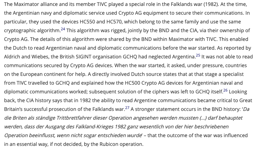 So the Dutch helped  @GCHQ break Argentinian codes during Falklands: "a specialist from TIVC travelled to GCHQ and explained how the HC500 Crypto AG devices for Argentinian naval and diplomatic communications worked; subsequent solution of the ciphers was left to GCHQ itself"