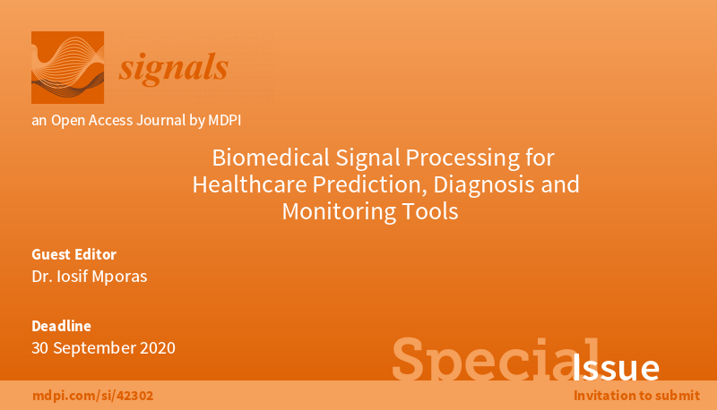 Signals_MDPI's tweet image. Special Issue “#BiomedicalSignalProcessing for Healthcare Prediction, Diagnosis and Monitoring Tools" is open. 

Edited by Dr. Iosif Mporas
 
More at：mdpi.com/journal/signal…

#Signals #openaccess #MDPI

(Deadline: 30 September 2020)