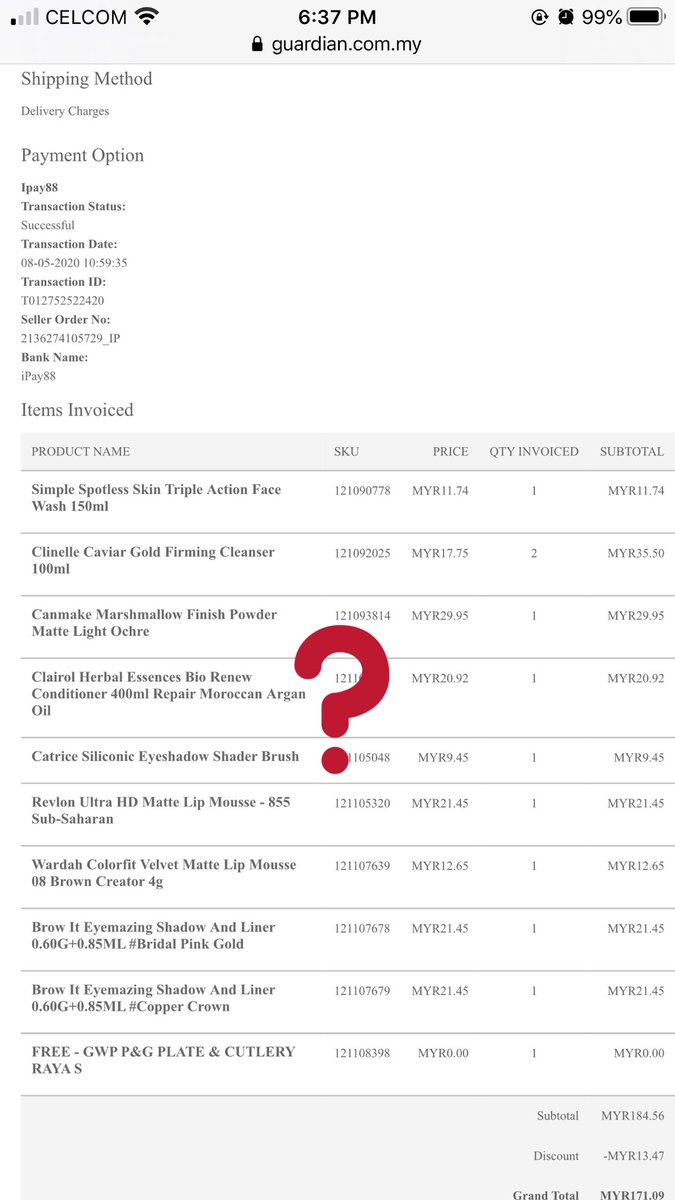 aegiy4's tweet photo. @GuardianMYS hello guardian! i ada order online hari tu and received the items today. But only 9 out of 10 items excluding free gift. Please advise where should I complain to get refund or the item? I have paid for rm190.48 instead of rm171.09.............. https://t.co/7OtgNRVNjK