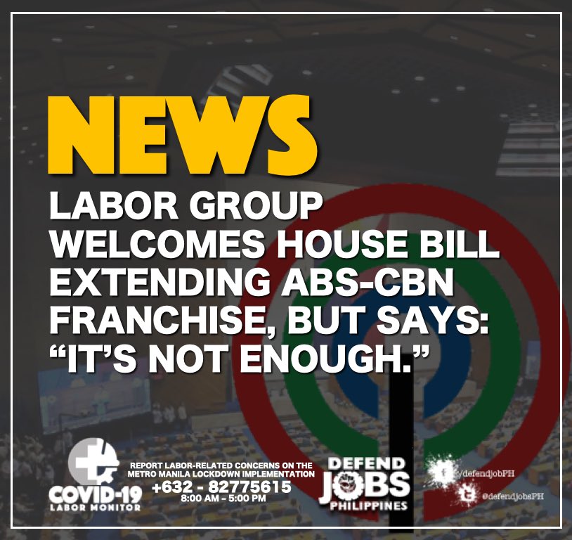 defendjobsPH's tweet photo. NEWS: Labor group welcomes House Bill extending ABS-CBN franchise, but says: “It’s not enough.”

#SaveABSCBNworkers
#NoToABSCBNshutdown
#DefendPressFreedom

https://t.co/ALpf0dMokI https://t.co/AkZdxtdO73