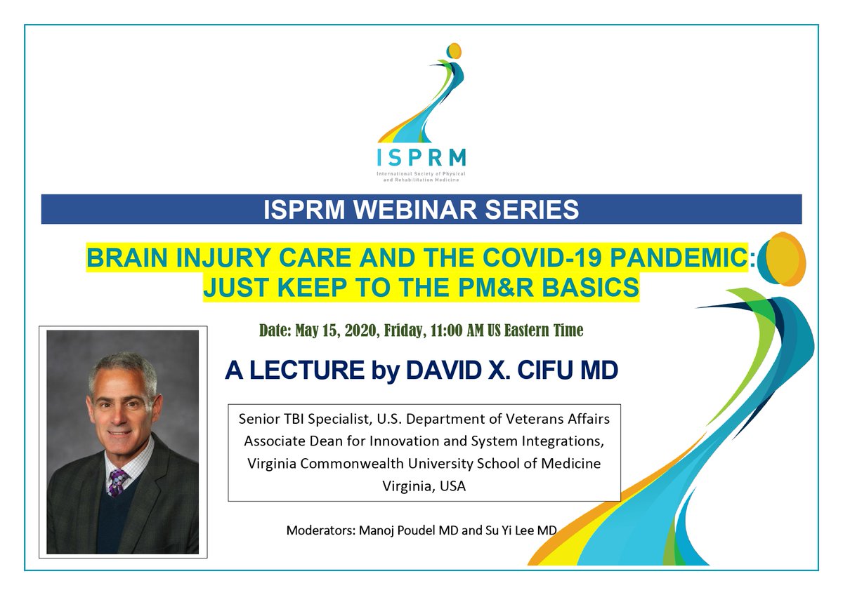 ISPRM's tweet photo. NEW! ๐Register for the upcoming #ISPRMWebinar ''BRAIN INJURY CARE AND THE COVID-19 PANDEMIC: JUST KEEP TO THE PM&R BASICS'' - A lecture by David X. Cifu, MD
Visit:
https://t.co/WrlZzhEboa
#ISPRM #physicalmedicineandrehabilitation #PRM #rehabilitation #covid19
#PRMcommunity https://t.co/TImk9xPu1F