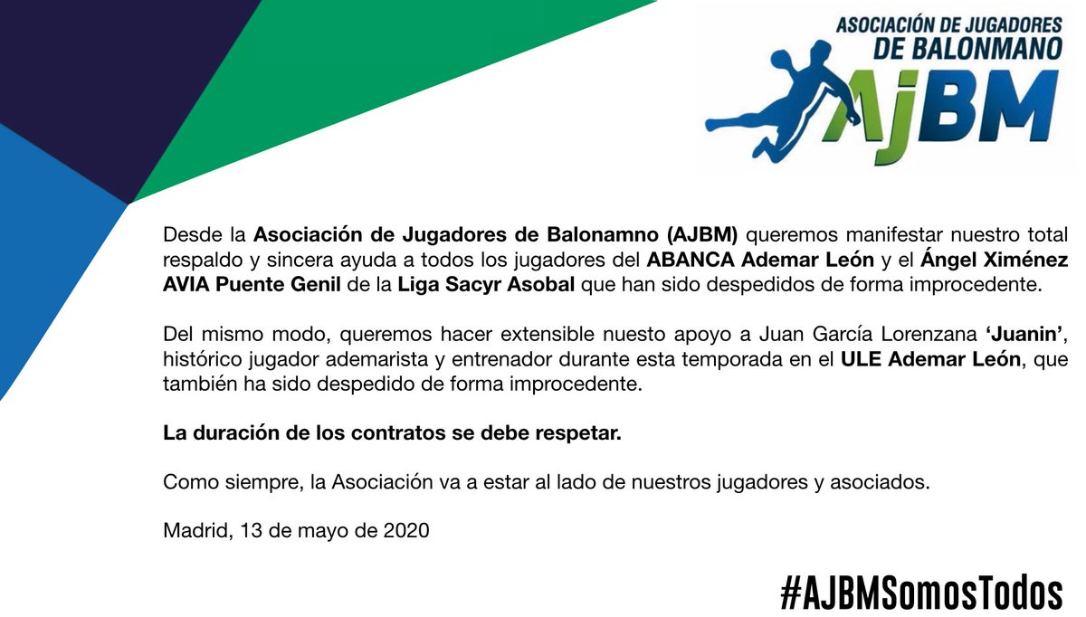 INSTITUCIONAL‼️
Desde la Asociación mostramos nuestro respaldo a los jugadores del <a href="/AngelXimenezBM/">BM Cajasol Ángel Ximénez Puente Genil</a> y del <a href="/ADEMARLEON/">//Abanca Ademar León</a> 🤾🏼‍♂️

La duración de los contratos se debe respetar 📝

Como siempre, estaremos del lado de nuestros jugadores y asociados 💪🏼

#️⃣ #AJBMSomosTodos