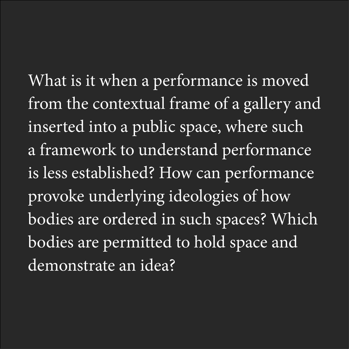 "How can performance provoke underlying ideologies of how bodies are ordered in such spaces? Which bodies are permitted to hold space and demonstrate an idea?"
Chelsea Coon

ART ANYWHERE? 2020
Online symposium
artanywhere.net

#artisttalk
#artsymposium
#onlinesymposium