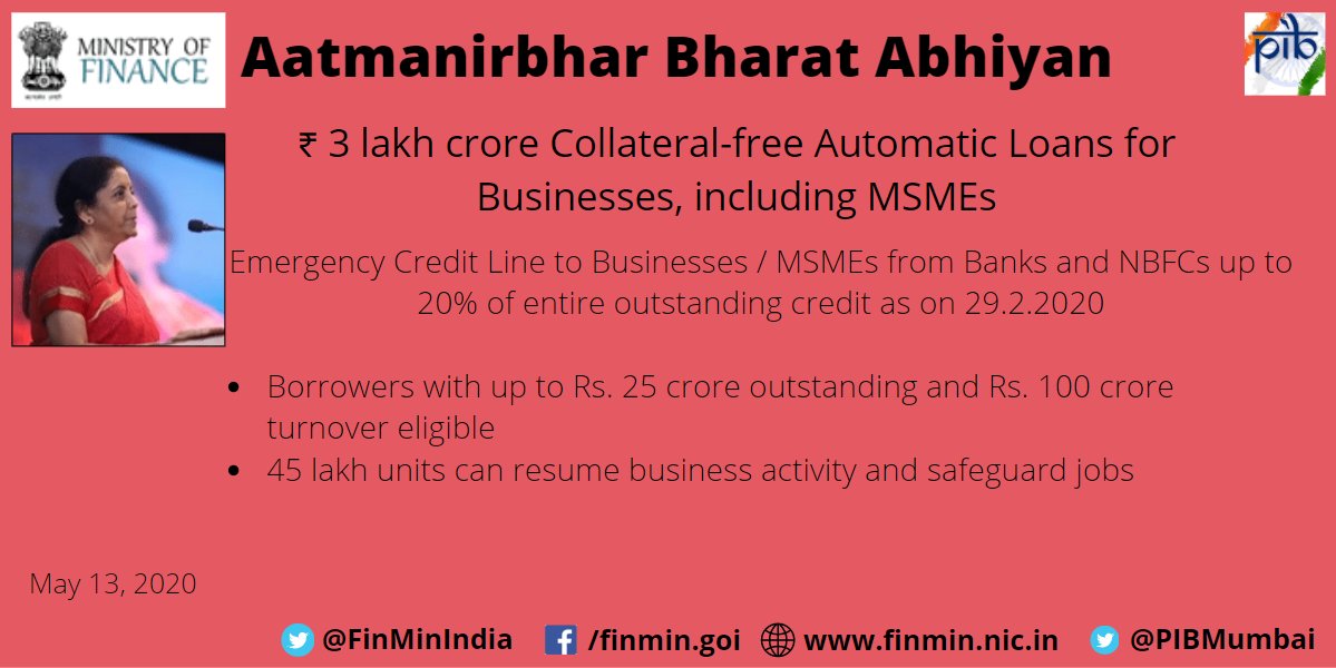 A collateral-free automatic loan is being given to MSMEs, with a facility of ₹ 3 lakh crores.This will enable 45 lakh MSME units to resume business activity and also safeguard jobs: FM  @nsitharaman #AatmaNirbharBharatAbhiyan  #EconomicPackage  #AatmanirbharBharat