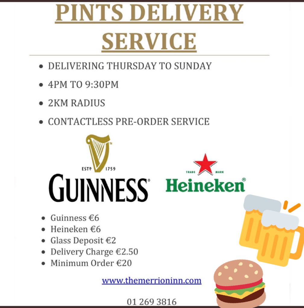 THEMERRIONINN's tweet photo. Creamy pints 🍻delivered to your door. Thurs - Sun 4pm - 9:30pm. Call us from 3pm on delivery days to book & pre-pay over the phone.
Also offering food Fri, Sat & Sun. #delivery #guinness #heineken #toyourdoor #whatatreat #tempted #2kmradius #chickenwings #burger #keepitlocal https://t.co/0fT5MC6uEQ