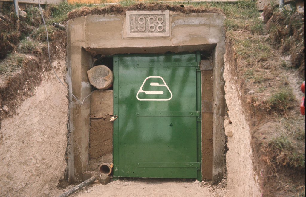 The Silbury green door and logo in 1968.
