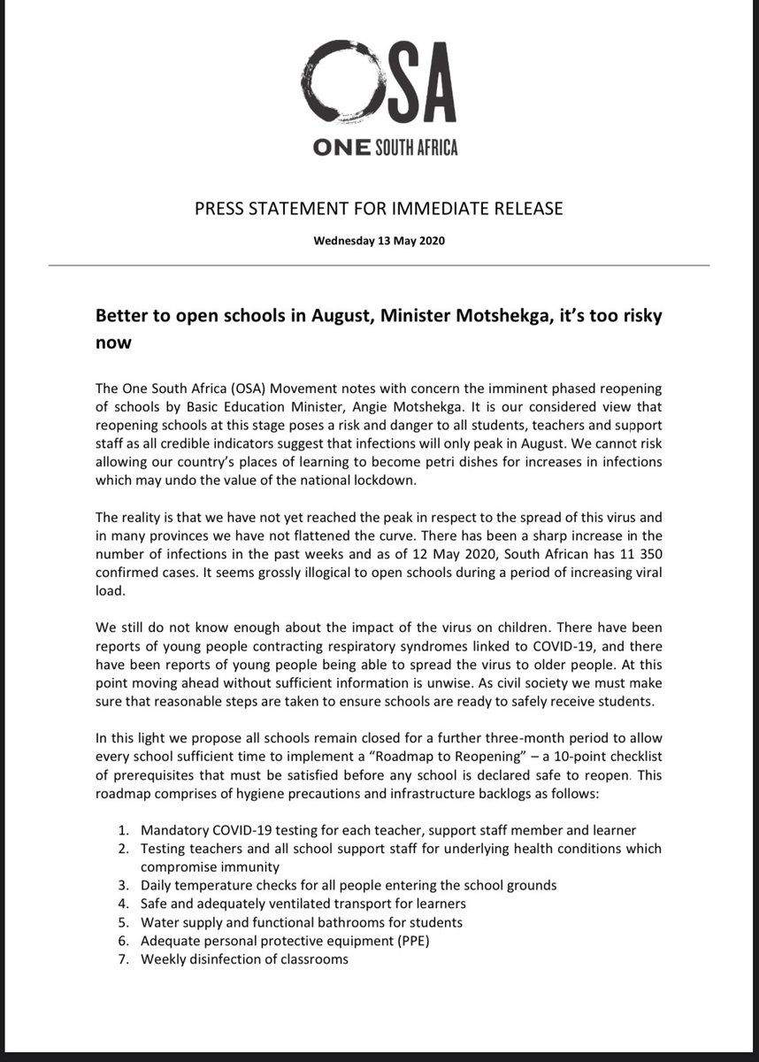 Press Statement. We must only reopen schools when it is safe for learners, teachers, cleaners, ground staff, drivers. A lot of work needs to be done to make sure the schools are ready. We must not send students and teachers to the grave. Let’s prepare schools properly.