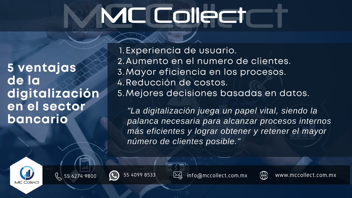 MC_Collect's tweet photo. 5 ventajas de la digitalización en el sector bancario.

https://t.co/7Pk6814q6r 

#sistemadecobranza #gestiondecobranza #automatizaciondeprocesos #digitalizacion https://t.co/xGBp584xQg