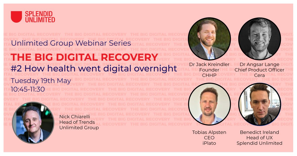Unlimited_Grp's tweet photo. Our next webinar is on Tuesday 19th May and is not to be missed! Join @cera_care, @iPLATOhealth @SplendidUnltd @chhplondon @NickChiarelli as they discuss how #health and #care went #digital overnight and what the future holds post #COVID19. Register here: https://t.co/NMdpaUqmrK https://t.co/yOVuwELHVG