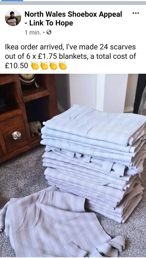 janesshoeboxes's tweet photo. IKEA order arrived yesterday....VERY happy shoe boxing lady 🥰👍 24 scarves made from 6 x £1.75 blankets...a total cost of just £10.50!!!! Perfect shoe box fillers that are also CHEAP and easily HOMEMADE 🥰👍🧣 #northwalesshoeboxappeal #shoeboxfillers #ikeaorder #nosewscarves https://t.co/8KXM5Dl5a4