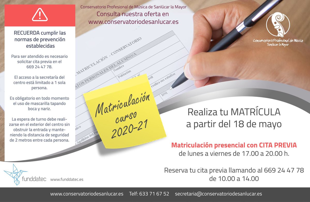 📝✅¡Abrimos el plazo de MATRICULACIÓN presencial con cita previa a partir del 18 de mayo!

📞 Solicita tu CITA PREVIA llamando al 669 244 778

Descarga tu formulario de matrícula en conservatoriodesanlucar.es/matriculacion/

⚠️ #YoSoyResponsable Cumple las normas de prevención e higiene.