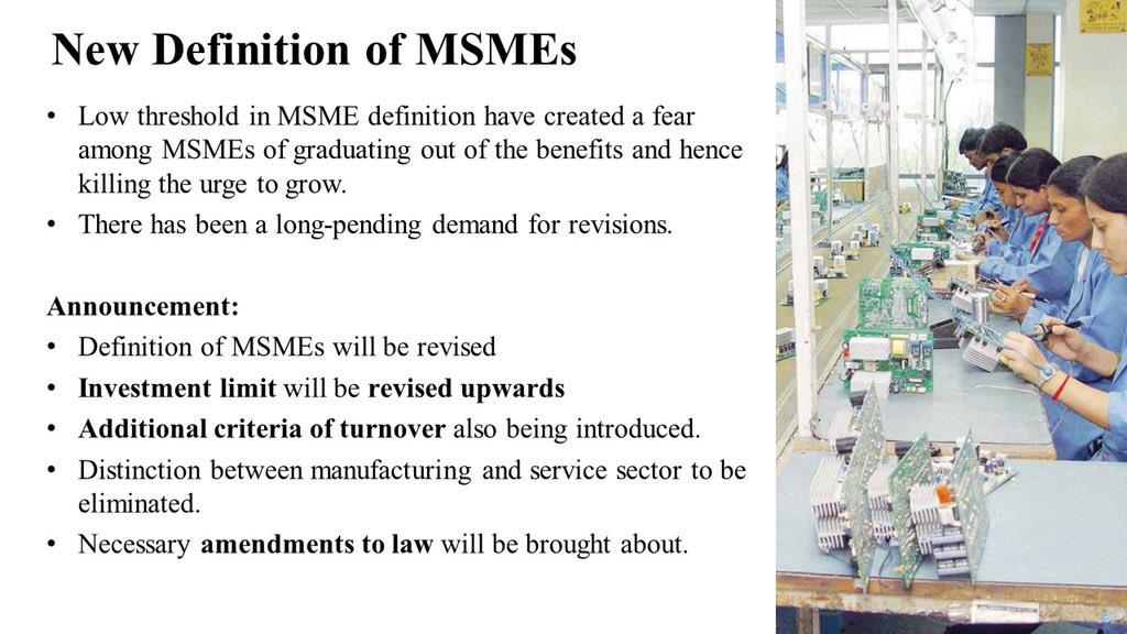 FM  @nsitharaman anounces  #NewMSMEDefinition, in favour of MSMEs, to address MSMEs' fear of losing benefits due to outgrowing the MSME definition.Now, MSMEs need not worry about growing in size, they can continue to receive MSME benefits. #AatmaNirbharBharatAbhiyan