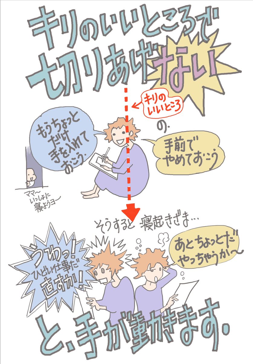 在宅のプロ歴長い、漫画家BBAが教えます。職種にもよります、性格にもよります、家族構成にも体力による個人差もあります、そしてもう皆さんご存知だと思いますしわざわざ絵にするまでのこともないのですが、
【在宅作業を効率よく進める方法】
それは、キリのいいところで切りあげ「ない」です。 