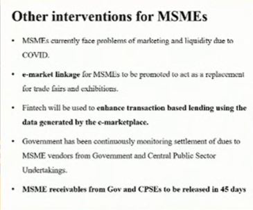 Seamless e-market linkages across the board will be provided to MSMEs, considering their inability to participate in trade fairs due to  #COVID19. All pending payments to MSMEs, from central govt. bodies & PSUs to be done within next 45 days: FM  #AtmaNirbharBharatAbhiyan