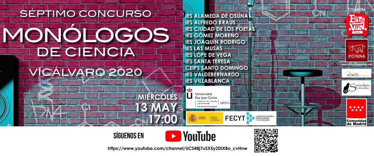 ¡11 monólogos 11!
¡A las cinco en punto de la tarde!
Hoy, 13 de mayo

El concurso de monólogos de ciencia #monologosvical, retransmitido en directo por streaming en Youtube.
Lo podéis ver en este enlace:
youtube.com/channel/UCS48j…

Humor, ciencia, música... &amp; ¡mucha arte!
#sciart