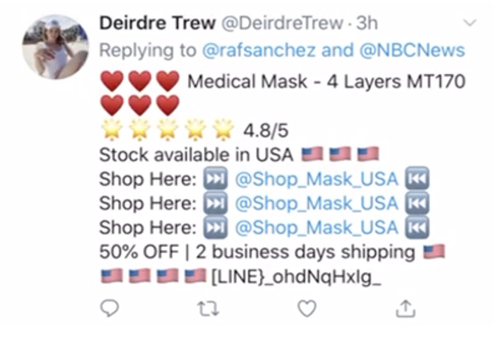 A single spammy reply to our  @nbc_vc had me jump down the rabbit hole of a bot network promoting a dubious shop selling surgical masks.Here’s an  #OSINT thread on the anatomy of this network1/12