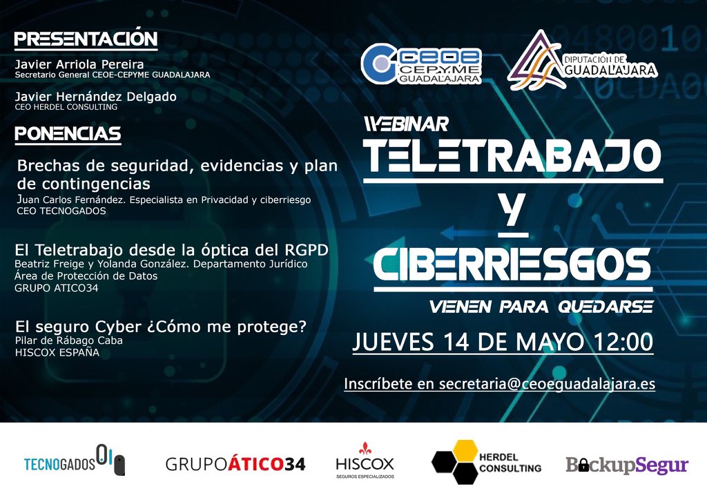 herdeltic's tweet photo. Mañana 🔈Webinar🔈”Teletrabajo y Ciberriesgos” 👩‍💻🔒👨‍💻organizado por @CEOEGuadalajara en colaboración con @herdeltic y @backupsegur

Gracias a @tecnogados @GrupoAtico34 y @HiscoxSpain 

📆jueves, 14 de mayo 🕛12:00
📩https://t.co/SDRJy39bTm https://t.co/kiJLCDZ2hK
