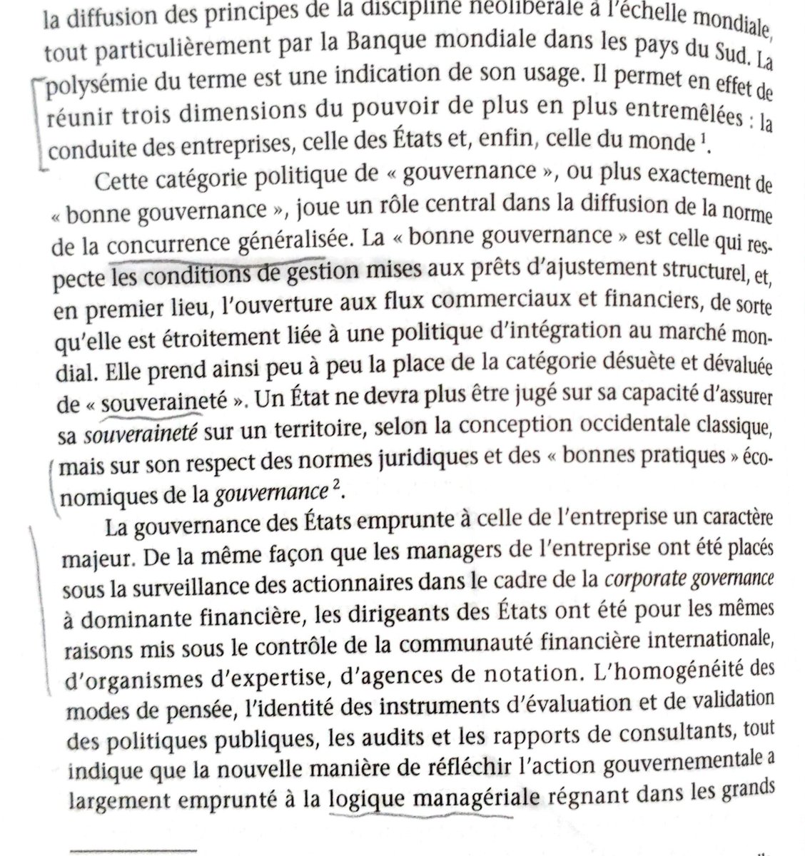 On voit aussi le concept de gouvernance, devenu le mot d'ordre du néolibéralisme, introduit par les instances internationales qui joue un rôle dans la diffusion de la concurrence généralisée 10/12