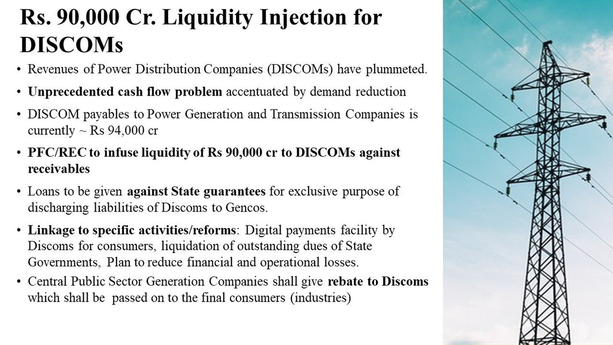 To give a fillip to DISCOMs with plummeting revenue and facing an unprecedented cash flow problem, Government announces Rs. 90,000 Crore Liquidity Injection for DISCOMs.   #AatmaNirbharBharatAbhiyan