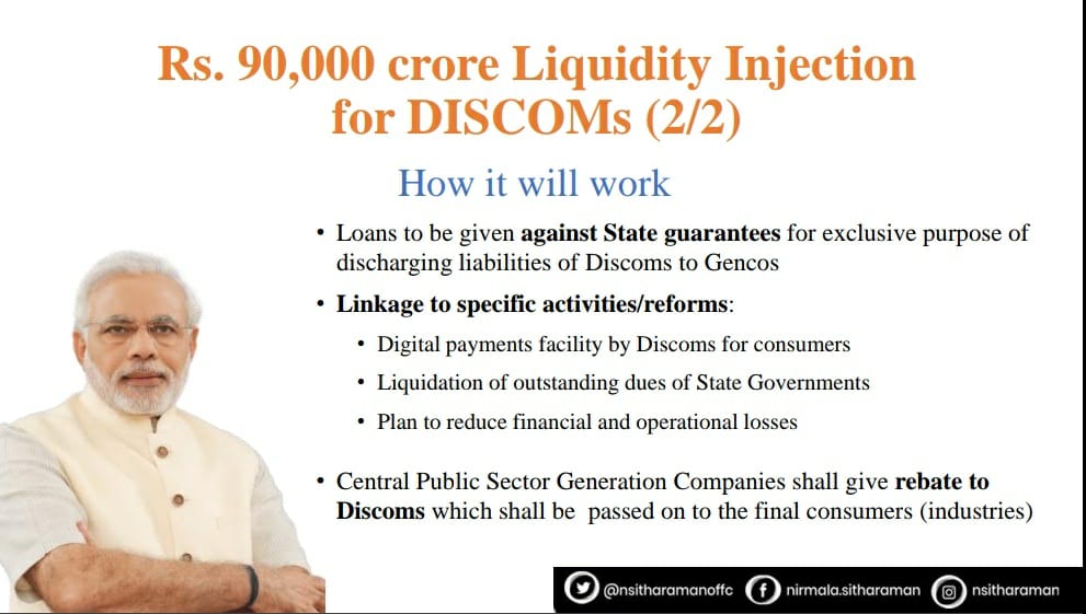 nsitharamanoffc's tweet photo. The loans will be given against State guarantees for the exclusive purpose of discharging liabilities of Discoms to Gencos. #AatmaNirbharBharatAbhiyan https://t.co/8834JLZDe5