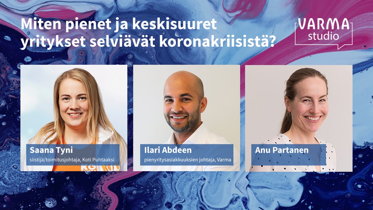 varma_tweet's tweet photo. Miten pk-yritykset selviävät koronakriisistä? Miten yrittäjien omaa jaksamista voidaan tukea tässä tilanteessa? #VarmaStudio'ssa kokemuksistaan kertovat Koti Puhtaaksi Saana Tyni, @AbdeenIlari, @anupartanen. #työelämä #pkyritykset #koronafi #koronakriisi https://t.co/dnPcRevZwz https://t.co/n0zP4dgEYp