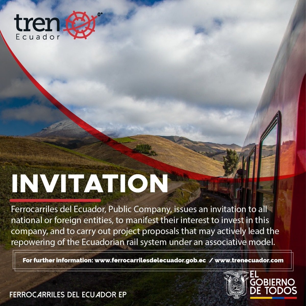 The #Ecuador #Railway Company is looking for foreign partners / investors to repower the Ecuadorian rail system. If you are interested in this opportunity please let us know so we can help you learn more about it! <a href="/proecuadorint/">PRO ECUADOR INTERNACIONAL</a> <a href="/ProEcuador_/">PRO ECUADOR</a> @TrenEcuador <a href="/EmbajadaEcuUK/">Embajada del Ecuador en el Reino Unido 🇪🇨🇬🇧</a>