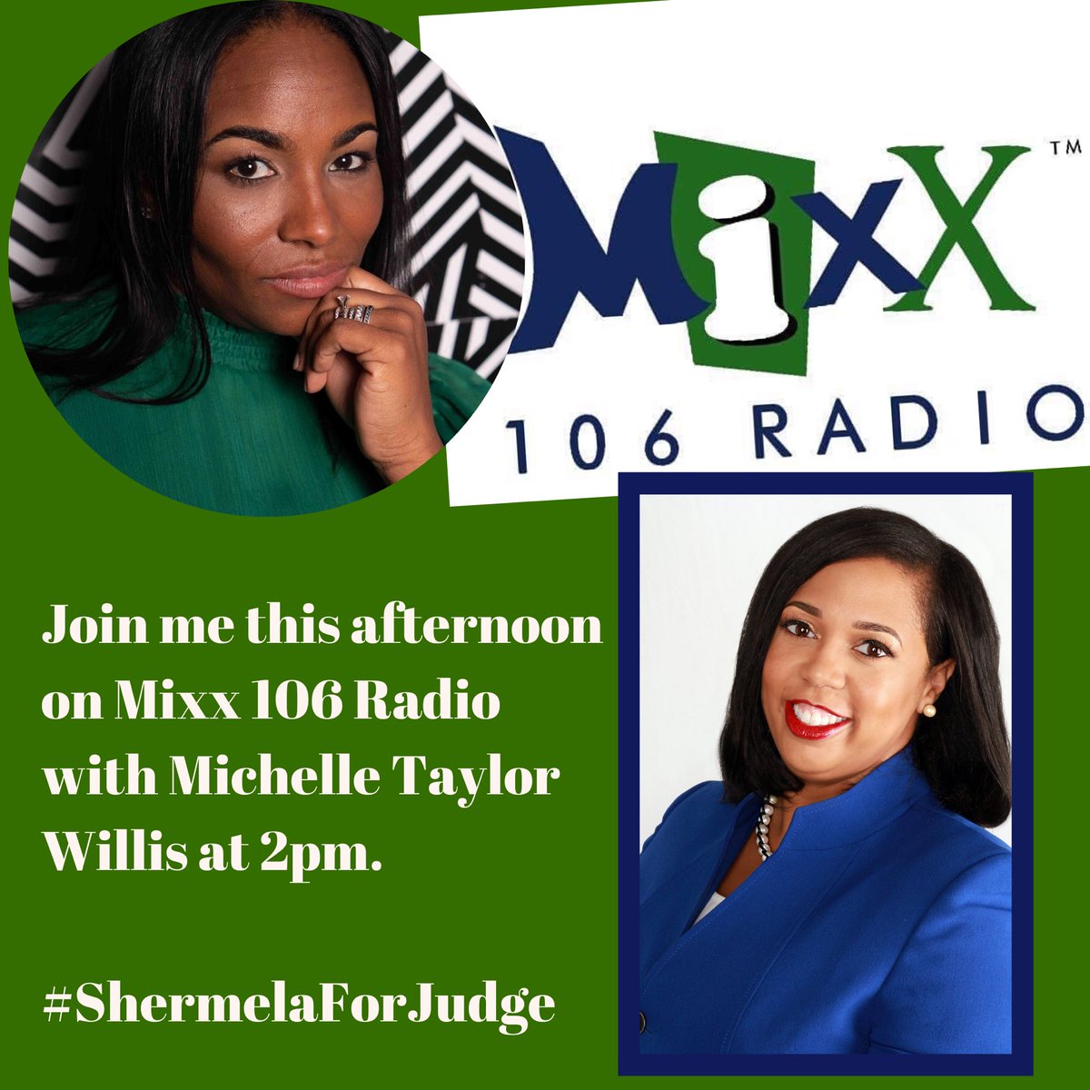 JudgeShermelaJW's tweet photo. Today, I’ll discuss how my experience makes me the best choice and how I will work for citizens with @michelletwillis on #accordingtomichelle on MIXX 106 Radio at 2 PM. Tune in!
#ShermelaForJudge
#BalanceOnTheBench
#June9
#ATLPol
#GAPol https://t.co/FpGHjg3tdF