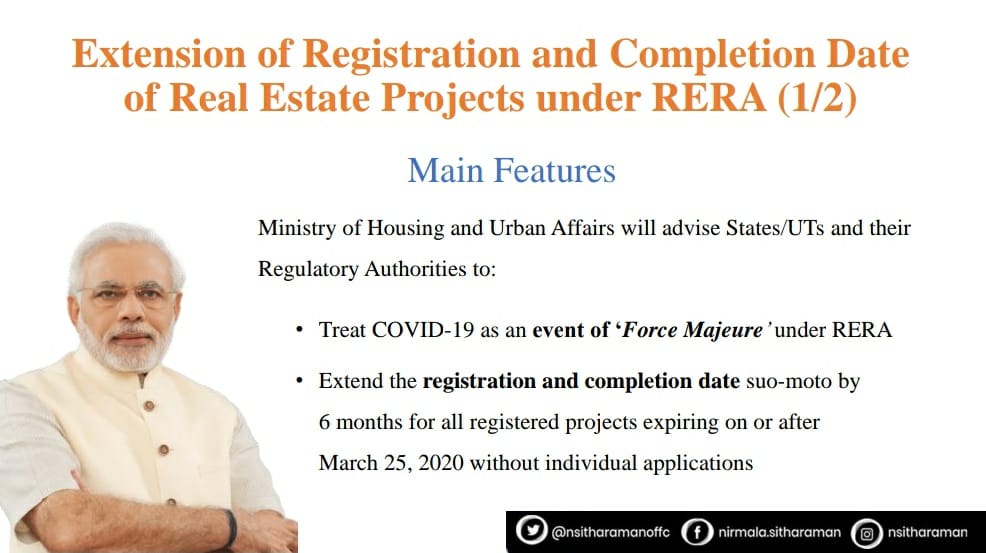 nsitharamanoffc's tweet photo. It has been decided to advise State governments to invoke the Force Majeure clause under RERA. The registration and completion date for all registered projects will be extended up to six months: Smt @nsitharaman #AatmaNirbharBharatAbhiyan https://t.co/mBRrnTrkK2