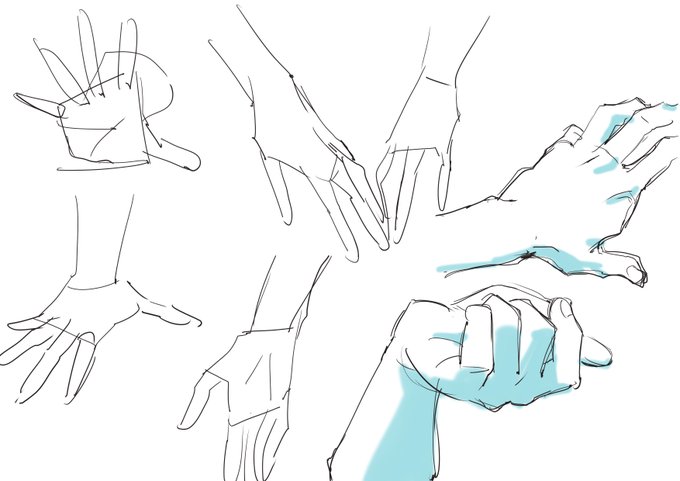 Twitterで流れてきた絵の手を描く。いくら描いても慣れない。手は自分の手を資料にすればいいとは言うけど、自分のを見てもこの1,2枚目みたいな手には描けない…  #dailysketch 