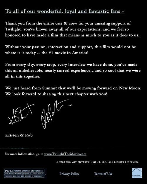 thank you letter from rob & kristen to the twilight fans."we feel so honoured to have made a film that means as much to you as it does to us."