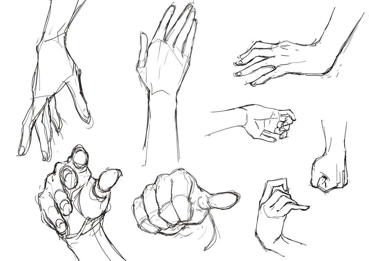 Twitterで流れてきた絵の手を描く。いくら描いても慣れない。手は自分の手を資料にすればいいとは言うけど、自分のを見てもこの1,2枚目みたいな手には描けない…  #dailysketch 