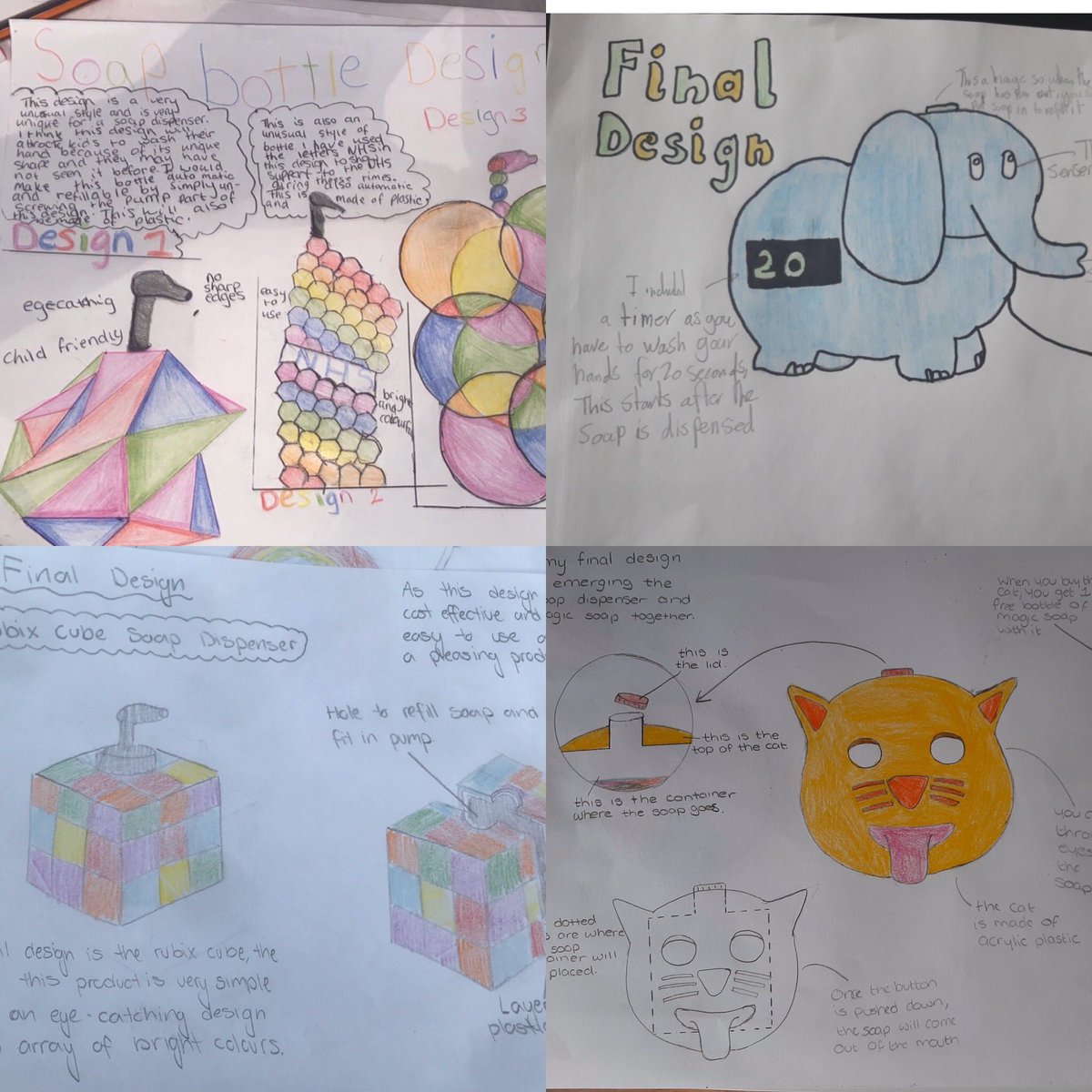 TechnologyWcb's tweet photo. Just some of our Year 10 soap dispenser designs. Year 10 were asked to design a soap dispenser that would help encourage young children to wash their hands. We are extremely proud of the work that has been produced! Well done Year 10 #proudteacher #TD #KS3 #design @Wellington_BT7 https://t.co/dG0cNN2ho3