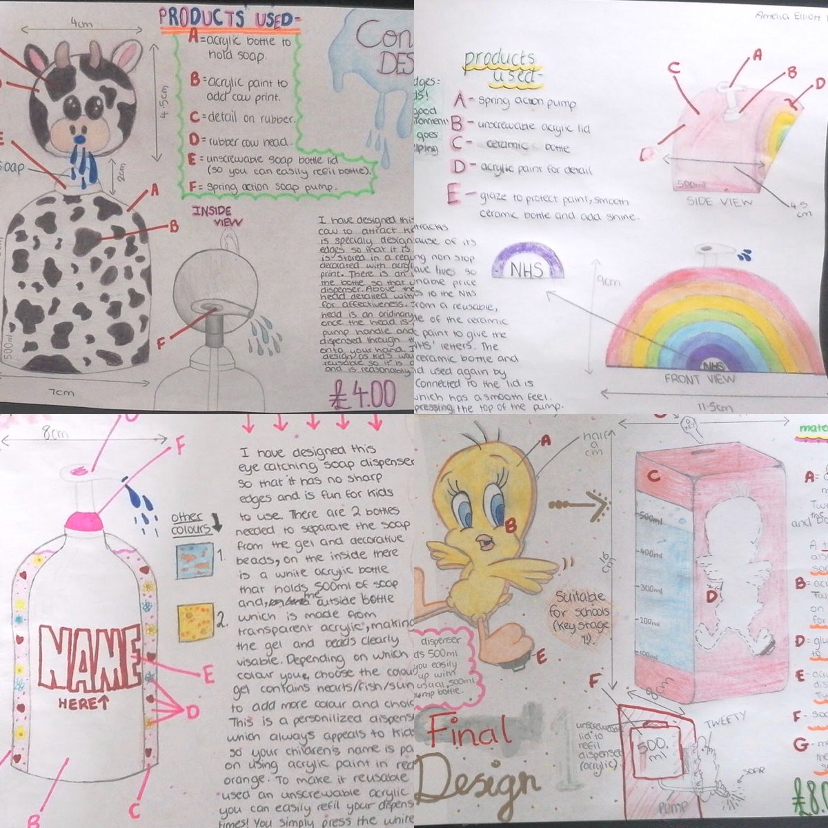 TechnologyWcb's tweet photo. Just some of our Year 10 soap dispenser designs. Year 10 were asked to design a soap dispenser that would help encourage young children to wash their hands. We are extremely proud of the work that has been produced! Well done Year 10 #proudteacher #TD #KS3 #design @Wellington_BT7 https://t.co/dG0cNN2ho3