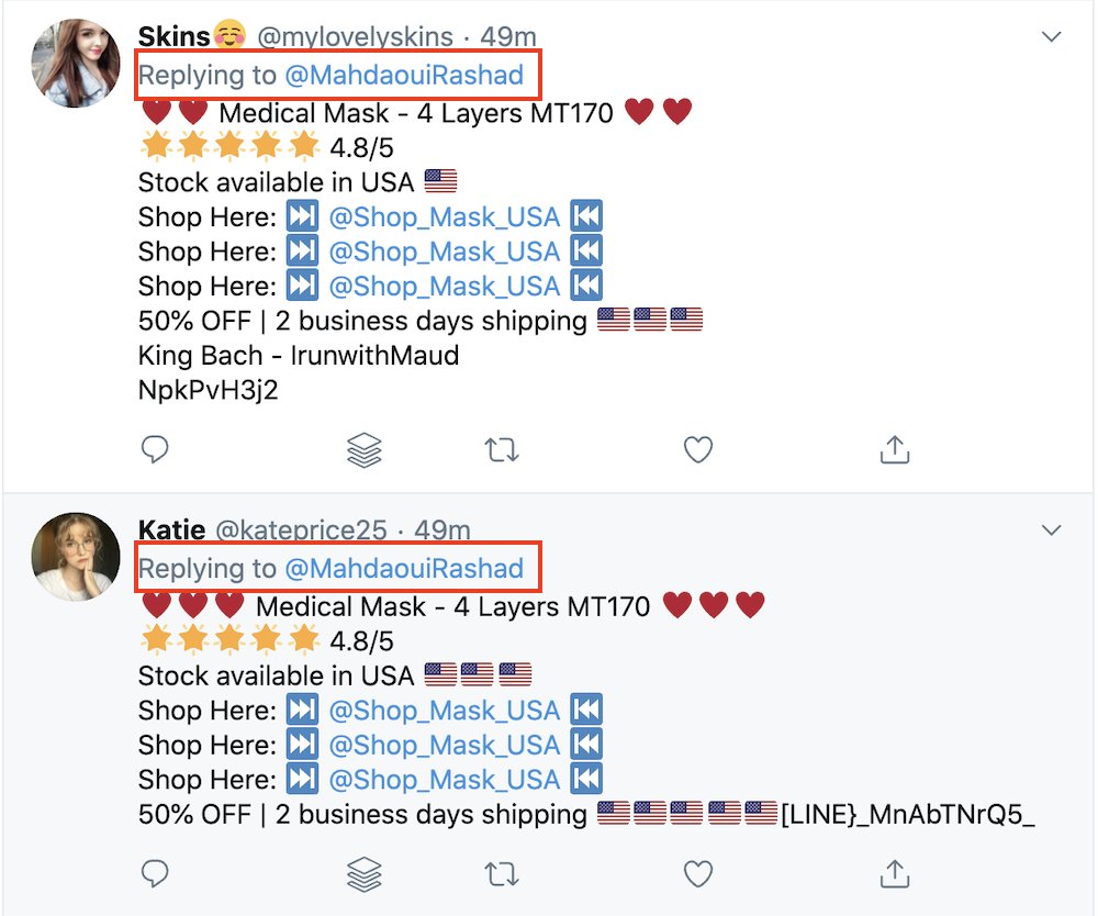 Now let’s look at the most mentioned accs in the network. Of course, shop_mask_usa is mentioned the most but what about the other accounts around it?These are legitimate accounts who ended up here cuz the bot network replied to 1 of their Tweets by mentioning shop_mask_usa