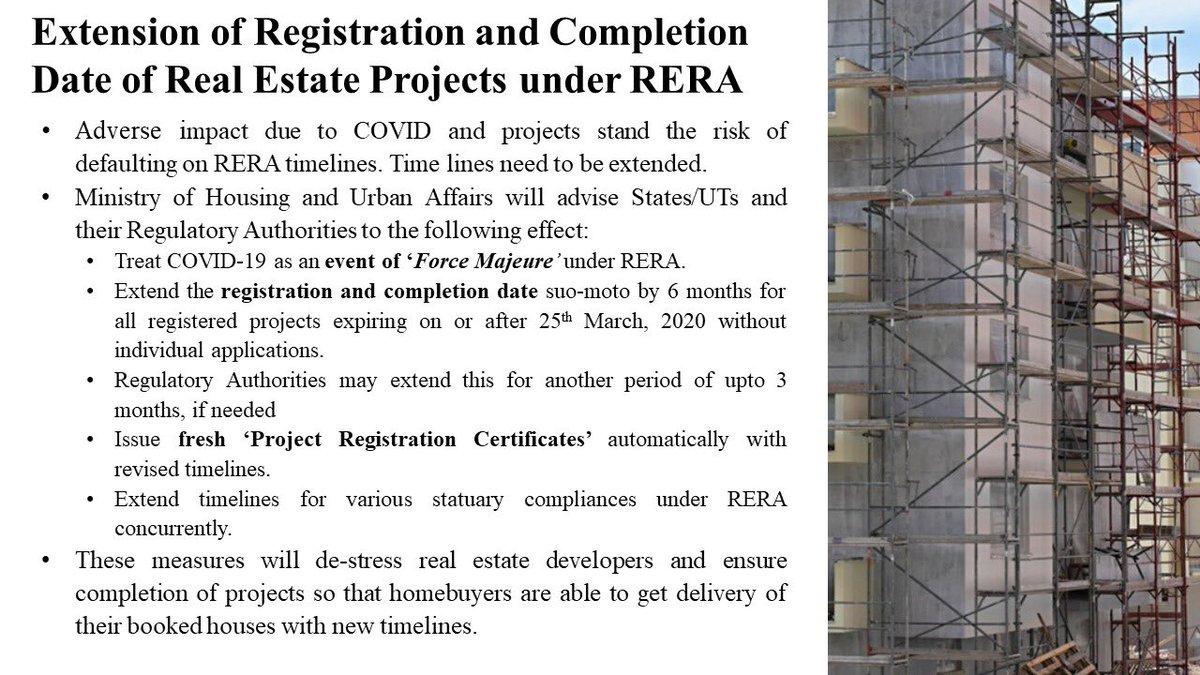 . @MoHUA_India will advise States/UTs and their Regulatory Authorities to extend the registration and completion date suo-moto by 6 months for all registered projects expiring on or after 25th March, 2020 without individual applications.