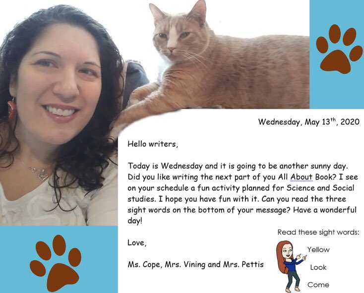 Rachel_Cope0204's tweet photo. Good morning ☀️ Mrs. Vining and her cat Romeo are sending out our morning message today. Challenge yourself and read the extra sight words on the bottom of the morning message. Then come up with a sentence for each sight word. Have a wonderful day!  @DianaEVining https://t.co/lk0ZLrCZpO