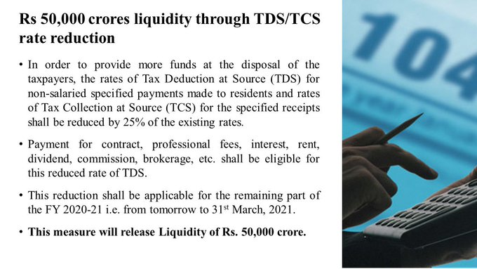 2. Tax Collections/Deductions AT SOURCE for transactions involving non-salaried people, will be reduced by 25%.This is estimated to be 50000 Crore "in People's Hands"...