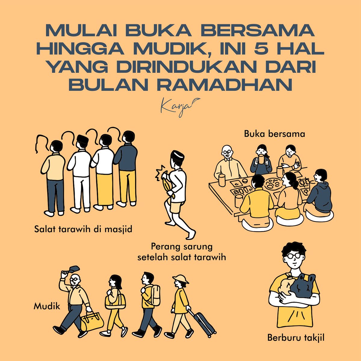 karjaid's tweet photo. Karena #DiRumahAja, ada banyak kegiatan khas bulan Ramadhan yang terpaksa kita lewatkan, contohnya seperti buka bersama dan salat tarawih berjamaah di masjid.
Kalau kamu, paling rindu dengan kegiatan apa nih geng pas bulan Ramadhan ini? https://t.co/KaG8KweW4e