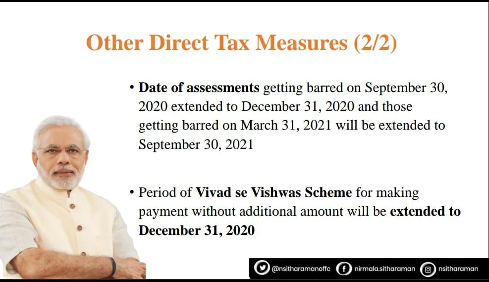 nsitharamanoffc's tweet photo. The date for making payment without additional amount under the  “Vivad Se Vishwas” scheme will be extended to 31 December, 2020: Smt @nsitharaman #AatmaNirbharBharatAbhiyan https://t.co/ddEvsCJEuk