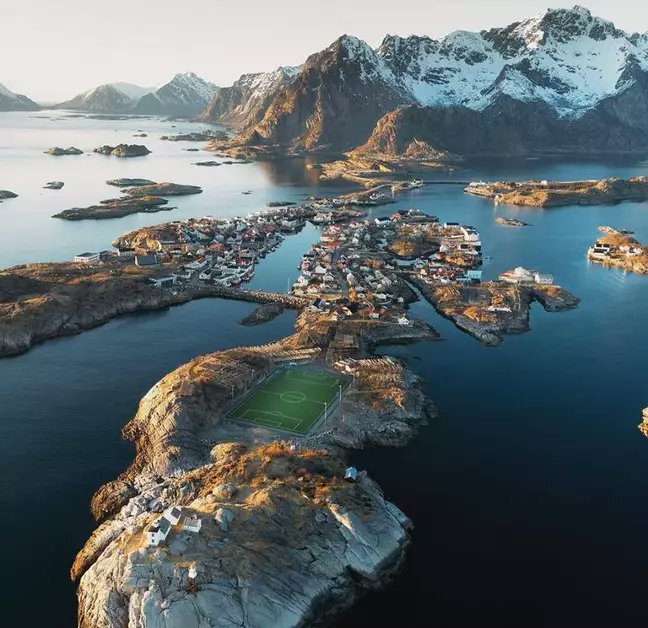 2. Henningsvær Stadion, Lofoten Islands, Norway – a stunning setting for a football pitch. Located in a small fishing village, there isn’t much room for spectators on the jagged 1.8 Ga Lofoten mangeritic intrusive rocks, gabbros, anorthosites and gneisses. Photo source unknown
