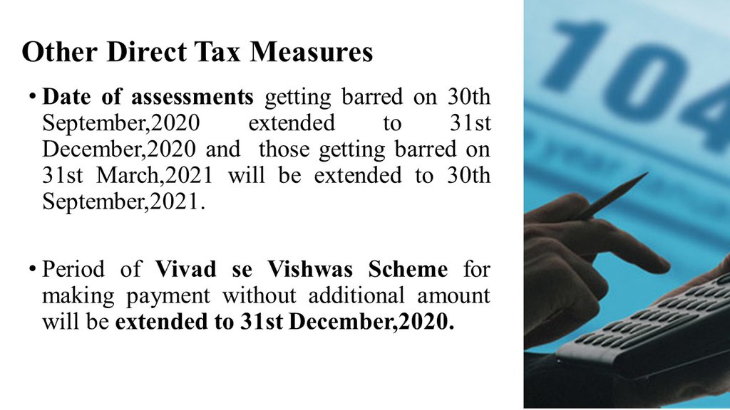 Among other measures, Due date of all income-tax return for FY 2019-20 will be extended from 31st July, 2020 & 31st October, 2020 to 30th November, 2020 and Tax audit from 30th September, 2020 to 31st October,2020.    #AatmaNirbharBharatAbhiyan