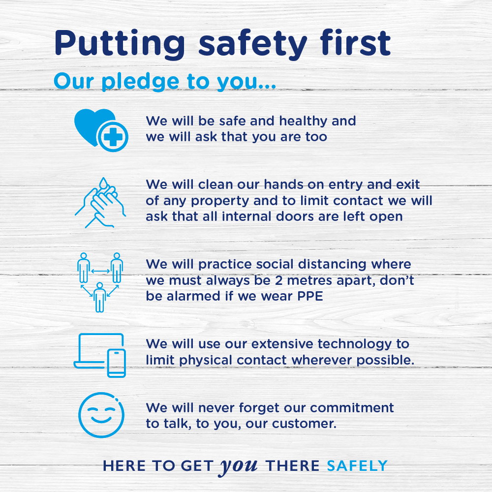 HuntersLettings's tweet photo. With the news that Estate and Letting Agents can go back to work today, we announce our pledge to our staff and customers. As a company, we are continuing to offer our virtual valuations, viewings and property tours.

We are Here To Get You There - Safely https://t.co/CuJXa5SYnQ