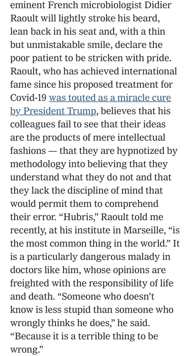 13) Profile of Didier Raoult. Shows his eccentricity, his dislike of controlled trials, and the fact that he corresponded with the people behind that Google Doc on Chloroquine  https://www.nytimes.com/2020/05/12/magazine/didier-raoult-hydroxychloroquine.html